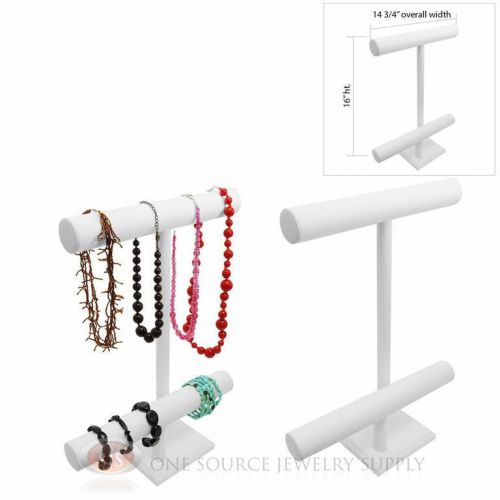 (2) 16&#034; white leather 2 tier t-bar round jewelry bracelet display presentation for sale