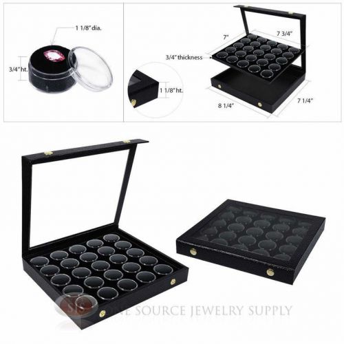 (2) Black 25 Gem Jar Inserts w/ Snap Acrylic Display Cases Gemstone Jewelry