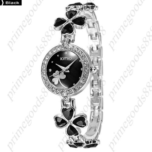 Lucky four leaf clover rhinestones bracelet lady ladies wristwatch women&#039;s black for sale