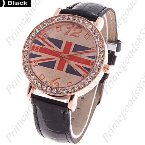 Union jack flag round pu leather analog wrist quartz wristwatch women&#039;s black for sale