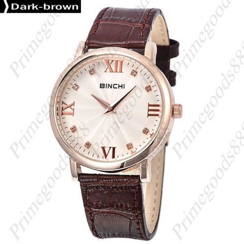 Genuine leather rhinestone quartz analog wrist men&#039;s wristwatch dark brown for sale