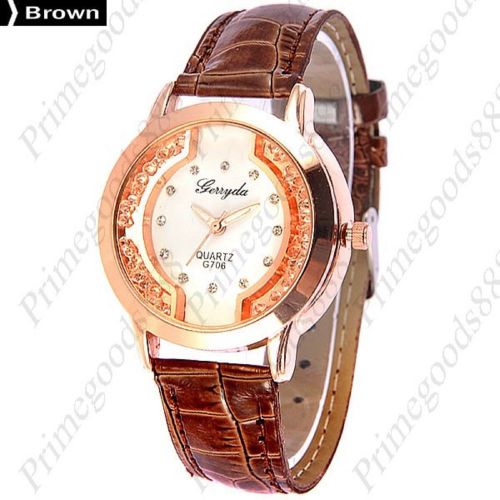 Round Rhinestones PU Leather Lady Ladies Wrist Quartz Wristwatch Women&#039;s Brown