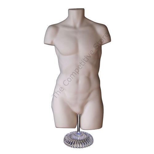 Super male mannequin flesh dress form with economic plastic base - s-m sizes for sale