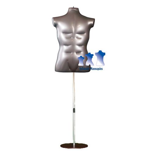 Inflatable Male Torso Large, Silver and Aluminum Adjustable Stand, Brown Base