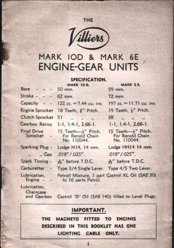 VILLIERS MARK 10D &amp; MARK 6E ENGINE GEAR UNITS,28 PAGE PRICED,ILLUSTRATED BOOKLET