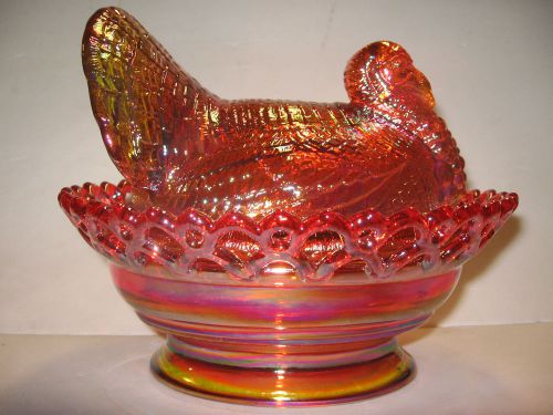 Marigold carnival glass turkey / hen chicken on nest basket dish rooster orange