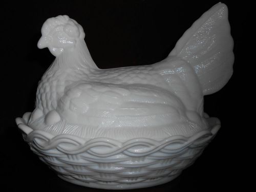 White Milk glass hen chicken on nest basket candy butter dish rooster opaque art
