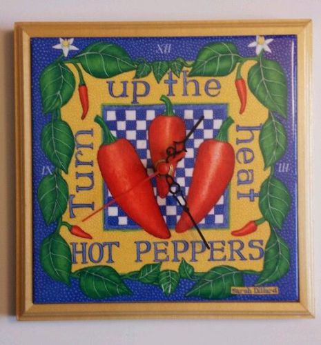 Turn up the heat Hot Peppers -wood frame ceramic wall/desk clock by Sara Dillard