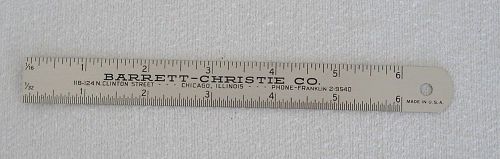 Vintage 6&#034; metal rule Barrett-Christie Co. with 1/64ths decimal equivalents