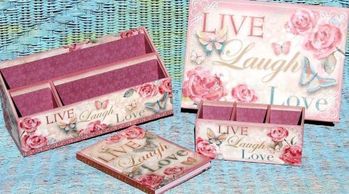 Pooch &amp; sweetheart pink rose desk accessories 4pc set - live laugh love for sale
