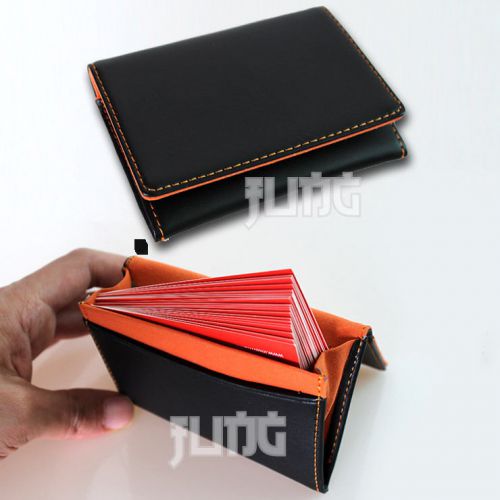 New Vintage Leather &amp; Suede Name Business Credit Card Holder Case Black &amp; Orange