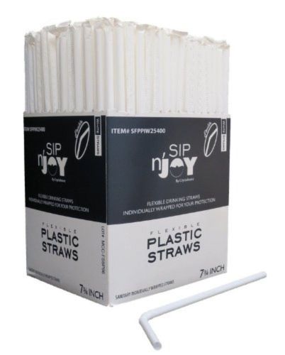 Crystalware Plastic Flexible Straws, Individually Wrapped, 7 3/4&#034;, 380/Box,White