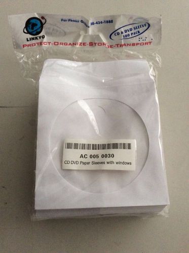 LINKYO- 100 CD DVD Paper Sleeves, Clear Window, White. NEW!!!!