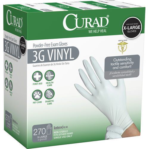 Curad powder-free 3g vinyl exam gloves, extra large, 270 ct (cur8237) for sale
