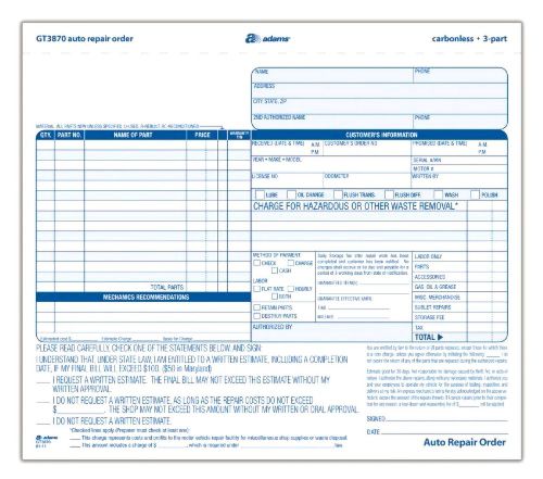 Adams Auto Repair Order Forms, 8.5 x 7.44 Inch 3-Part, Carbonless 50-Pack GT3870