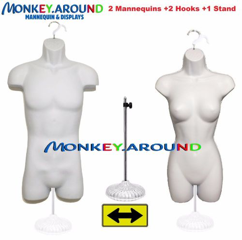 2 mannequin male female white torso form +2 hook +1 stand - display clothing new for sale