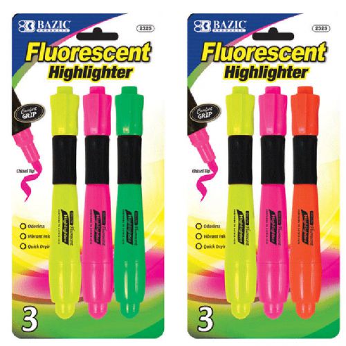 BAZIC Desk Style Fluorescent Highlighters w/ Cushion Grip (3/Pack)  of-24