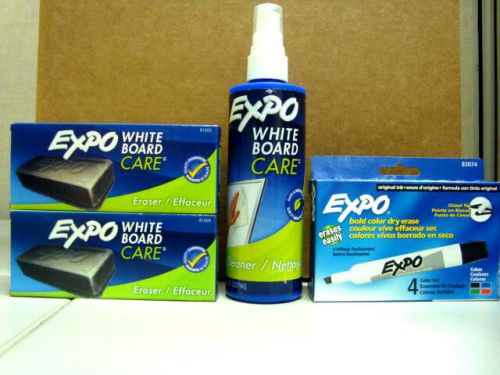 Expo-  White Board Care Cleaner ~ Four Color Marker Set ~ x2 White Erasers   LOT