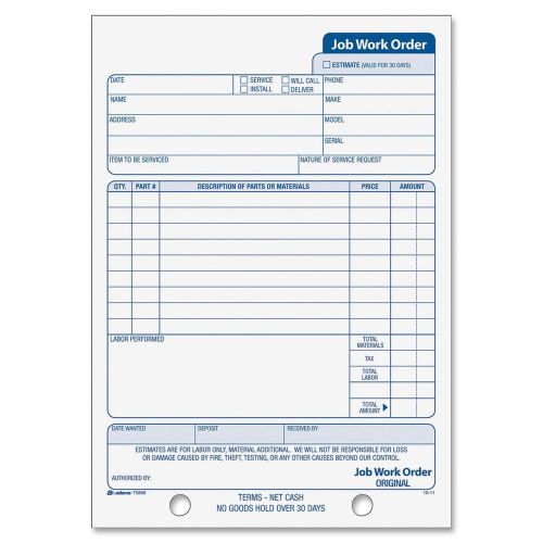 Adams Job Work Order Book 5.56 x 8.44 Inch 3-Part Carbonless 33 Sets White an...
