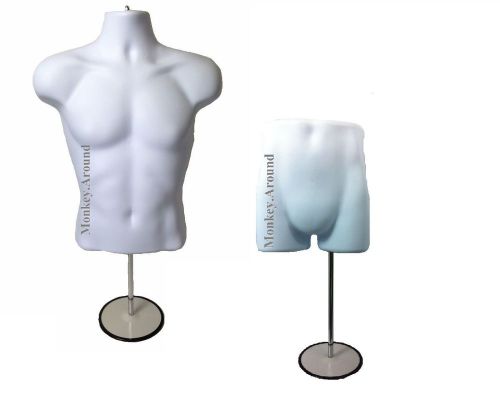 Lot 2 White Male Mannequin Torso Body Dress Form Trunk Display Hanging + Stand