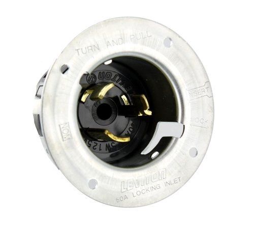 Leviton cs6375 50 amp, 125/250 volt ac, black &amp; white locking flanged inlet, for sale