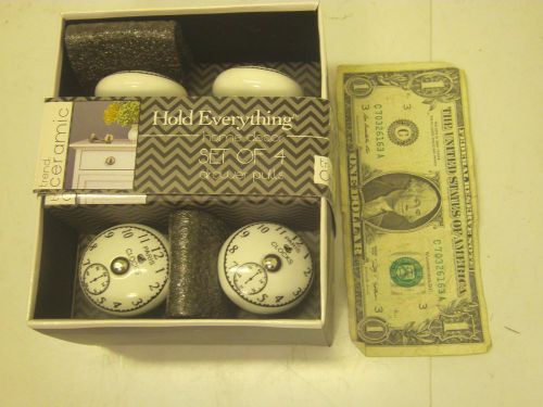 NEW NIB [4] CABINET DRAWER PULLS HANDLE WHITE BLACK CLOCK CERAMIC CYNTHIA ROWLEY