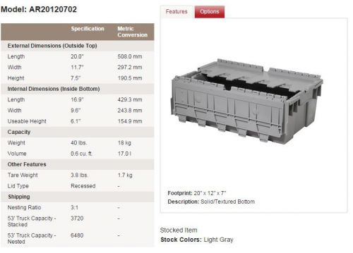 Plastic reusble containers attached lid - 20 x 12 x 7&#034; gray buckhorn ar20120702 for sale