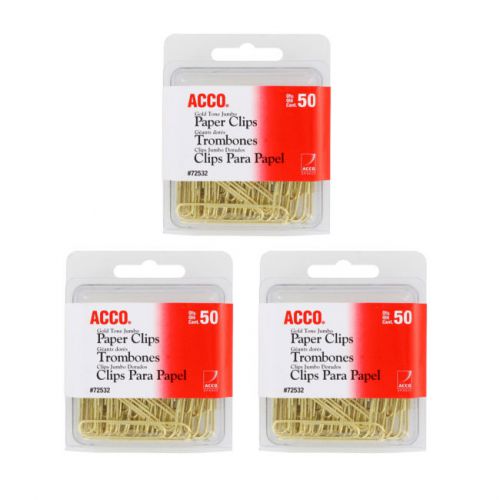 NEW Acco Gold Tone Jumbo Paper Clips, 1-/34&#034; Paper Clips, 150/Pack (72532)