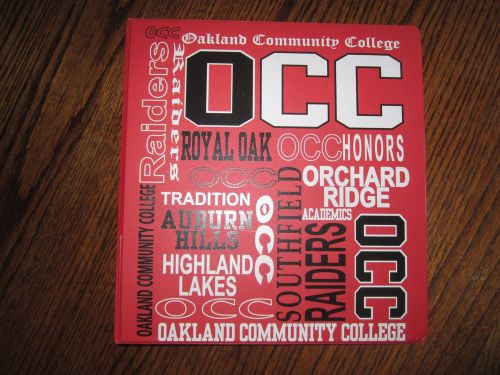 oakland community college 3 ring binder red color, features names all campuses