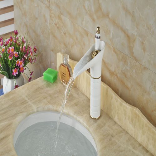 White Painting Baked w/ Gold Basin Faucet Mixer Tap Ceramic Handle Sink Faucet