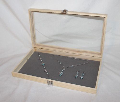 NATURAL WOOD GLASS TOP JEWELRY DISPLAY WITH GRAY VELVET PAD