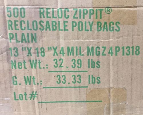 RELOC ZIPPIT 4R1318 Reclosable Bag, 13in.L, FDA, 4 mil, PK500 *14A*