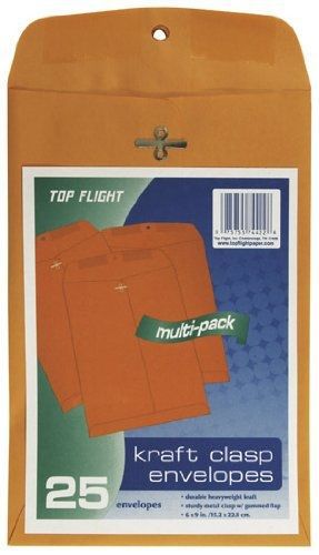 Top Flight Clasp Envelopes, Gummed and Clasped Closure, 6 x 9 Inches, Brown