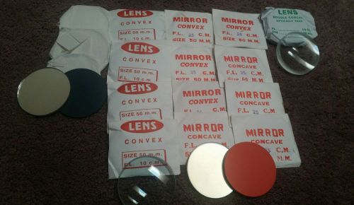 Eisco labs 22 pieces optical glass lenses and mirrors 50mm dia. fl 10,25 nos for sale