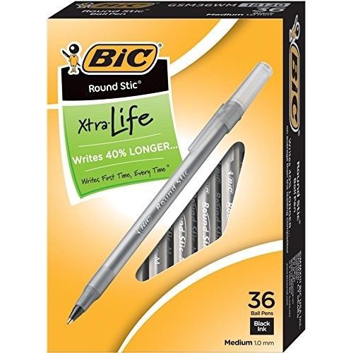 BIC Round Stic Xtra Life Ball Pen, Medium Point (1.0 mm), Black, 36-Count