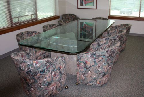 Custom Made Glass Top Marble Base Conference Table with Ten Chairs.