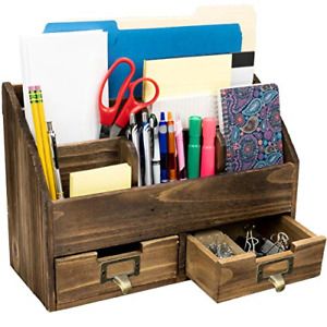 Rustic Wood Office Desk Organizer: Includes 6 Compartments and 2 Drawers to Desk