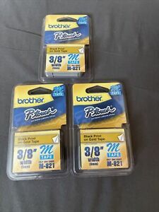 NEW Brother M821 P-Touch Label Tape 3/8&#034; Black on Gold (9mm) Ptouch M-821 Pack 3