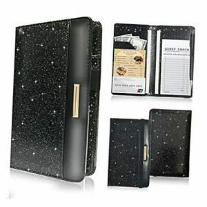 Server Book for Waitress, Premium Leather Book Server Wallet Glitter Black