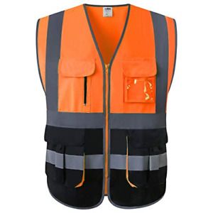 JKSafety 7 Pockets High Visibility Zipper Front Safety Vest With Reflective L