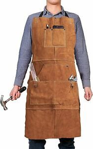 QeeLink Leather Work Shop Apron with 6 Tool Pockets Heat &amp; Flame Resistant...