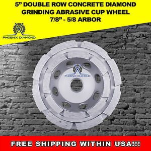 5&#034; Double Row Concrete Diamond Grinding Abrasive Cup Wheel, 7/8&#034;- 5/8&#034; Arbor