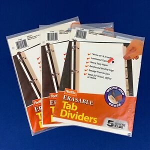 Lot of (3) 5 Tab Pack Erasable White Binder Dividers NEW