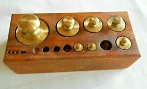 Brass 500, 200, 100 X 2, 50, 10 X 2,  Gram Scale Weights W/Wood Block Holder