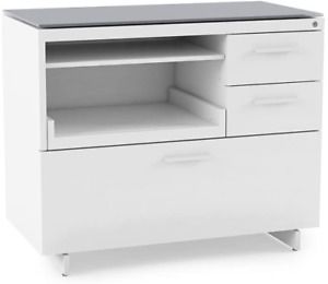 BDI Centro Multifunction File &amp; Storage Cabinet, Satin White/Gray Glass