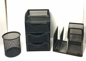 Three Pieces Office Desktop Organizer Set Black Steel Mesh With Pencil Holder