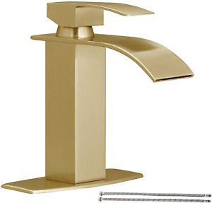 Hoimpro Gold Waterfall Spout Bathroom Faucet ,Single Handle Bathroom Vanity Sink