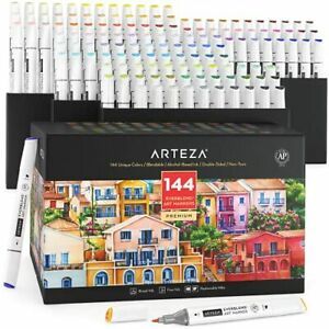 Arteza Alcohol Art Markers Set of 144 Colors Broad Chisel Tip and Fine Tip Du...