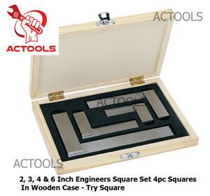 2 3 4 &amp; 6 Inch Engineers Square Set 4pc Squares In Wooden Case Try Square