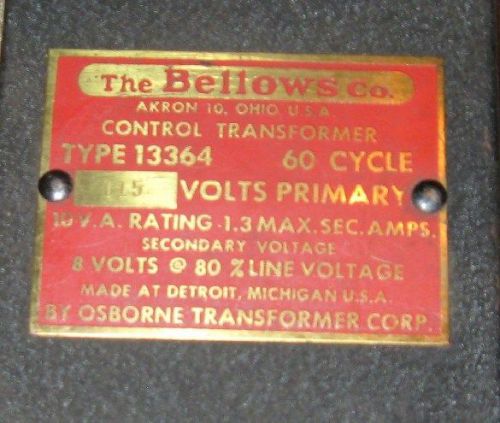 Vintage Bellows Control Transformer, Type 13364, 115v. primary, manu. Detroit MI
